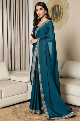 teal sequinned satin ready to wear saree