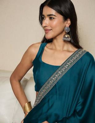 teal sequinned satin ready to wear saree 3