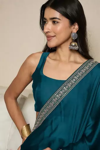 teal sequinned satin ready to wear saree