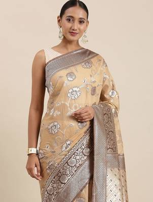 peach peach-coloured floral silk blend banarasi saree 1