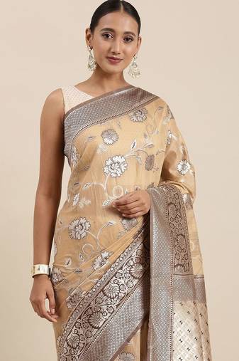 peach peach-coloured floral silk blend banarasi saree