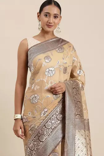 peach peach-coloured floral silk blend banarasi saree