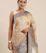peach peach-coloured floral silk blend banarasi saree