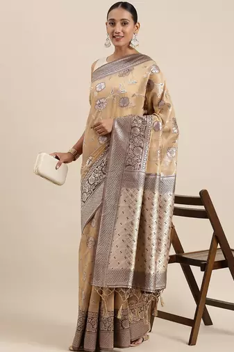 peach peach-coloured floral silk blend banarasi saree