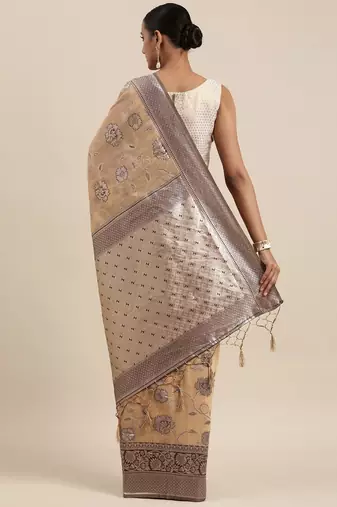 peach peach-coloured floral silk blend banarasi saree