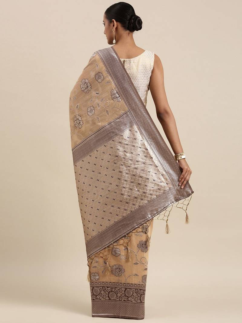 peach peach-coloured floral silk blend banarasi saree