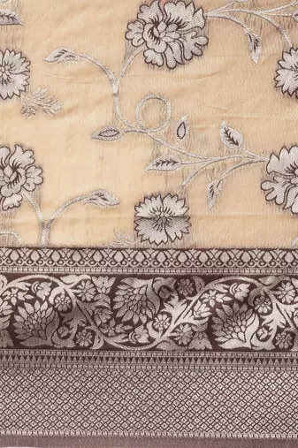 peach peach-coloured floral silk blend banarasi saree