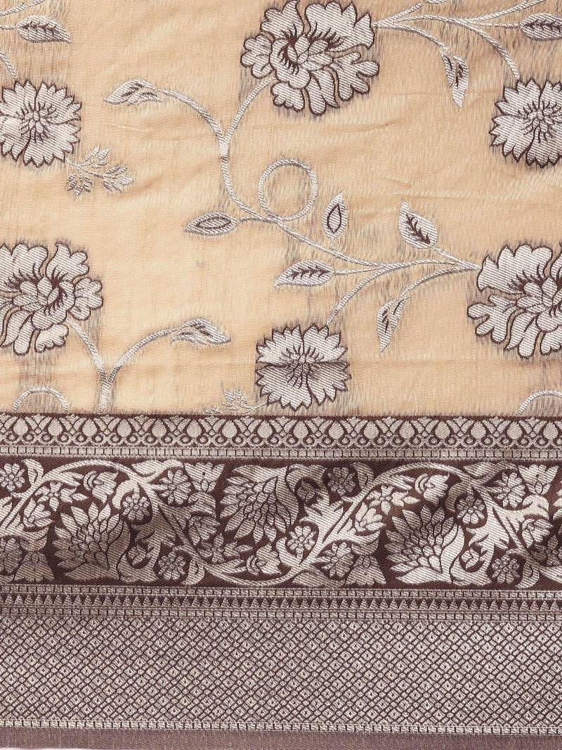 peach peach-coloured floral silk blend banarasi saree
