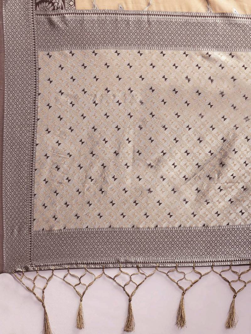 peach peach-coloured floral silk blend banarasi saree