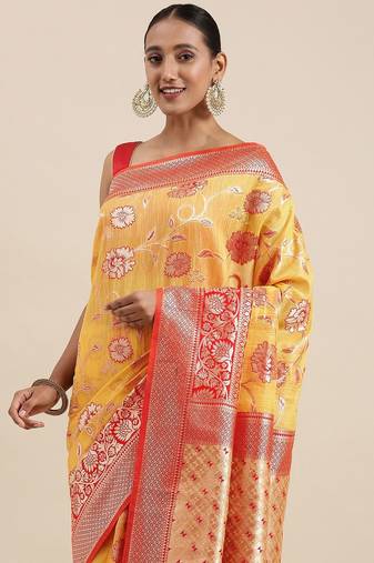 Pink pink & gold-toned floral zari silk blend bagru saree