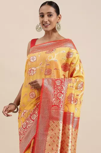 Pink pink & gold-toned floral zari silk blend bagru saree