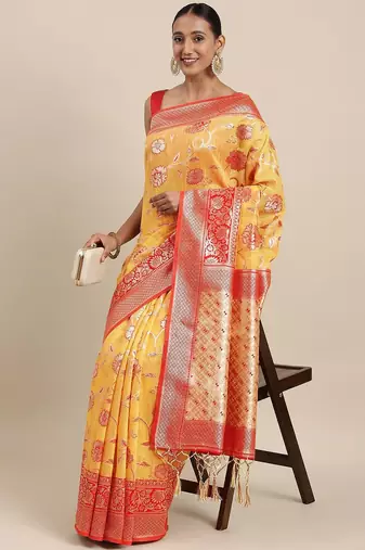 Pink pink & gold-toned floral zari silk blend bagru saree
