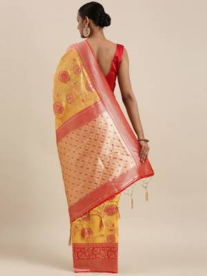 Pink pink & gold-toned floral zari silk blend bagru saree 3