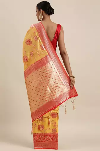 Pink pink & gold-toned floral zari silk blend bagru saree