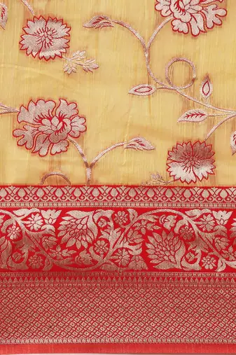 Pink pink & gold-toned floral zari silk blend bagru saree