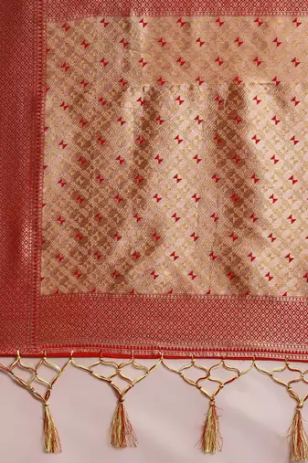 Pink pink & gold-toned floral zari silk blend bagru saree