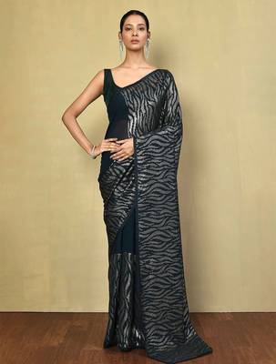 teal embellished sequinned poly georgette saree 1