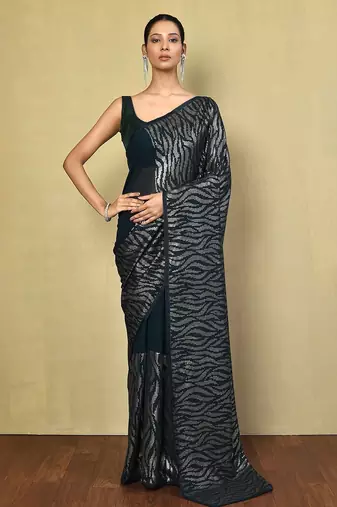 teal embellished sequinned poly georgette saree