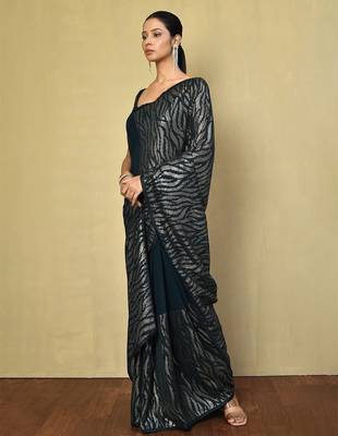 teal embellished sequinned poly georgette saree 2