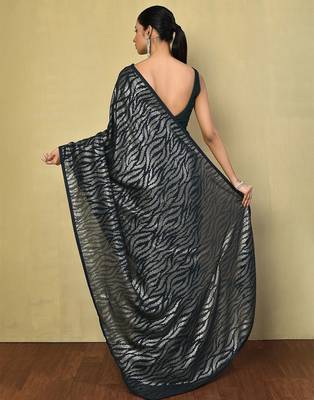 teal embellished sequinned poly georgette saree 3