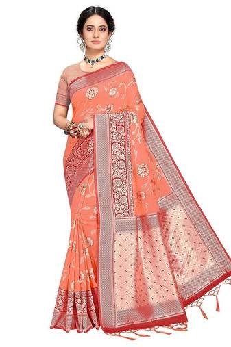 orange woven design zari silk blend banarasi saree