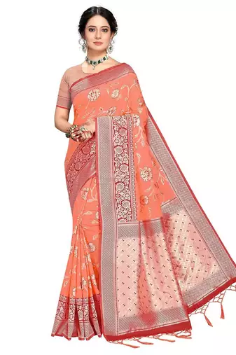 orange woven design zari silk blend banarasi saree