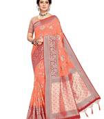 orange woven design zari silk blend banarasi saree