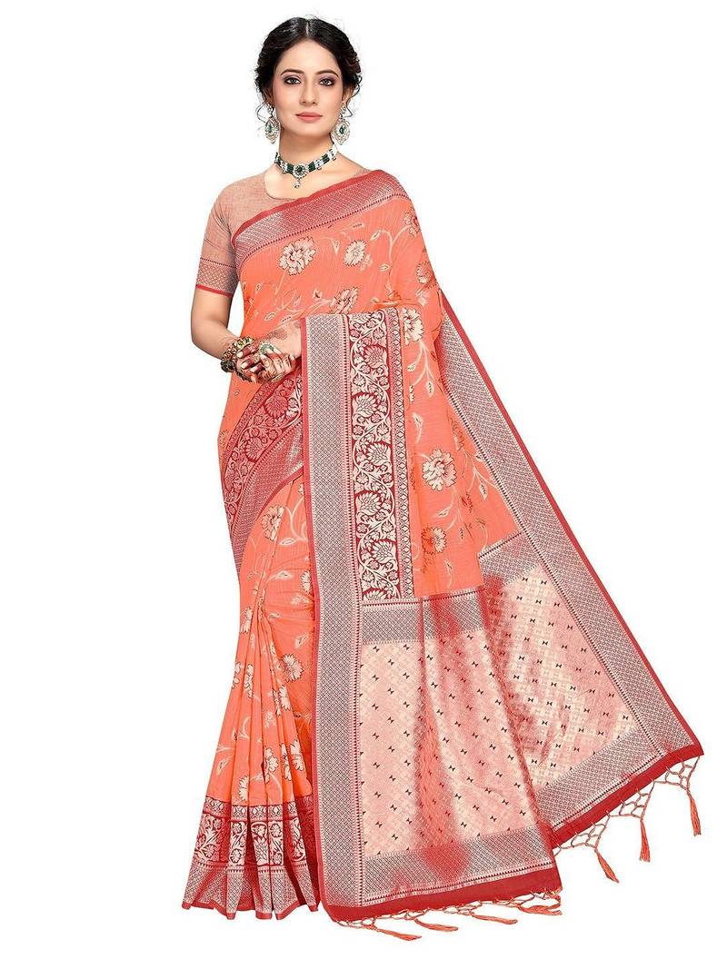 orange woven design zari silk blend banarasi saree