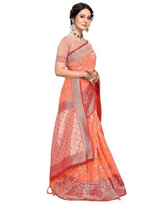 orange woven design zari silk blend banarasi saree 2