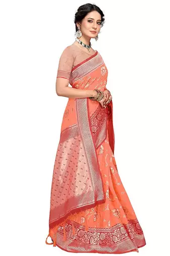 orange woven design zari silk blend banarasi saree