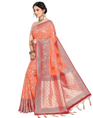 orange woven design zari silk blend banarasi saree 3