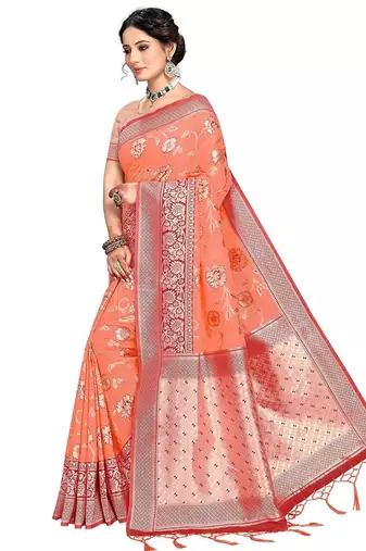 orange woven design zari silk blend banarasi saree