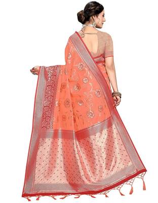 orange woven design zari silk blend banarasi saree 4