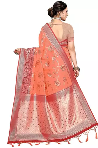 orange woven design zari silk blend banarasi saree