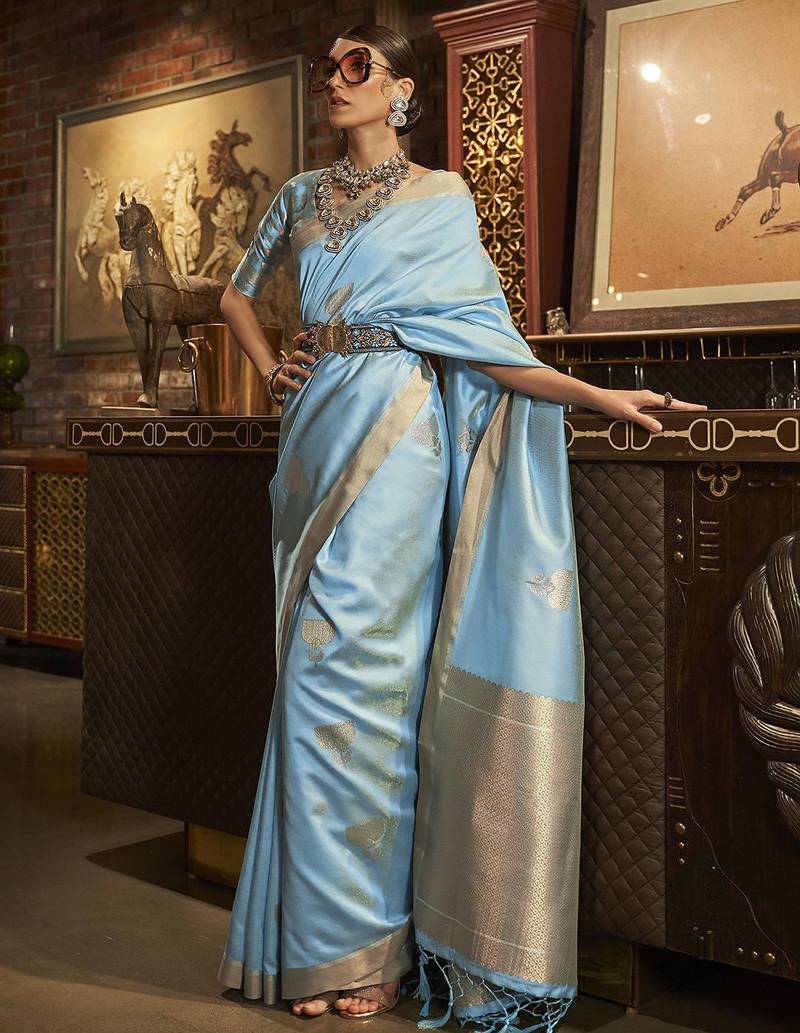 Green satin embroidered ready to wear saree