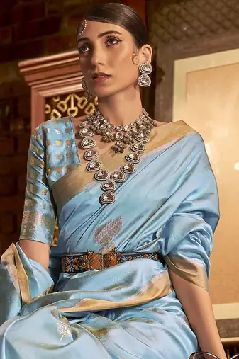 Green satin embroidered ready to wear saree