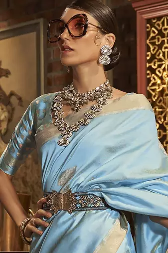 Green satin embroidered ready to wear saree