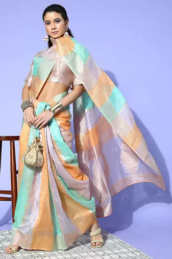 peach ethnic motifs saree with woven design border