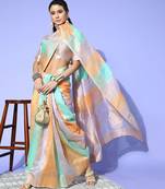 peach ethnic motifs saree with woven design border