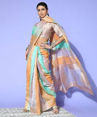 peach ethnic motifs saree with woven design border 2