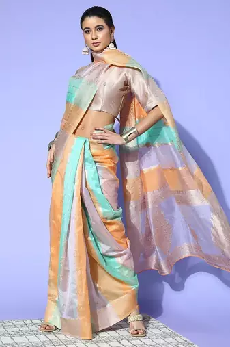 peach ethnic motifs saree with woven design border