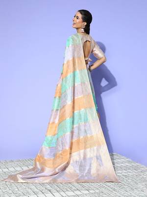 peach ethnic motifs saree with woven design border 4