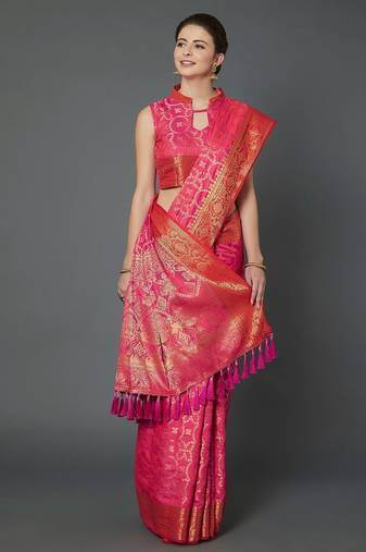pink pink woven design banarasi saree
