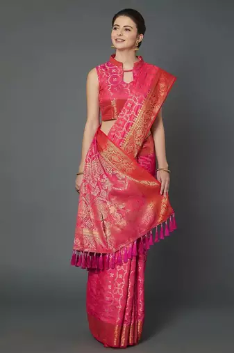 pink pink woven design banarasi saree