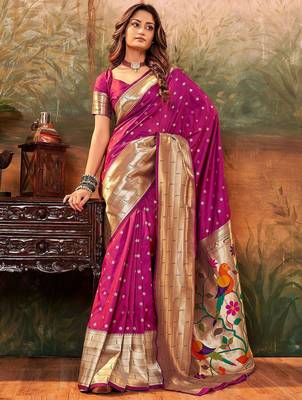 magenta magenta ethnic motifs woven design zari paithani jacquard saree 1