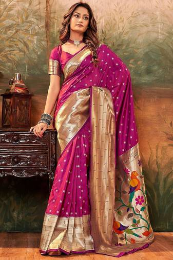 magenta magenta ethnic motifs woven design zari paithani jacquard saree