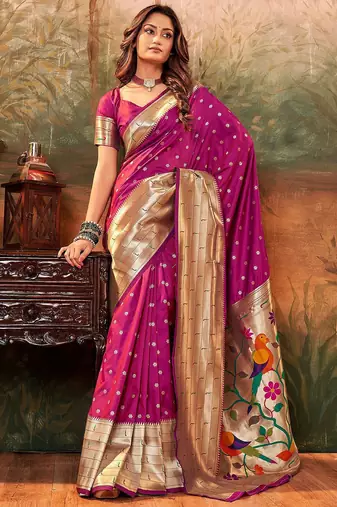 magenta magenta ethnic motifs woven design zari paithani jacquard saree