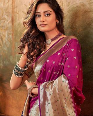 magenta magenta ethnic motifs woven design zari paithani jacquard saree 2