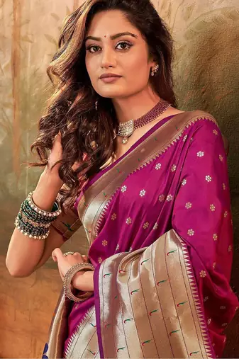 magenta magenta ethnic motifs woven design zari paithani jacquard saree