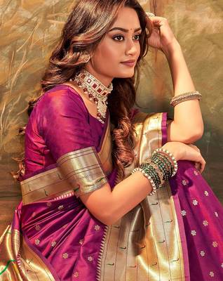 magenta magenta ethnic motifs woven design zari paithani jacquard saree 3